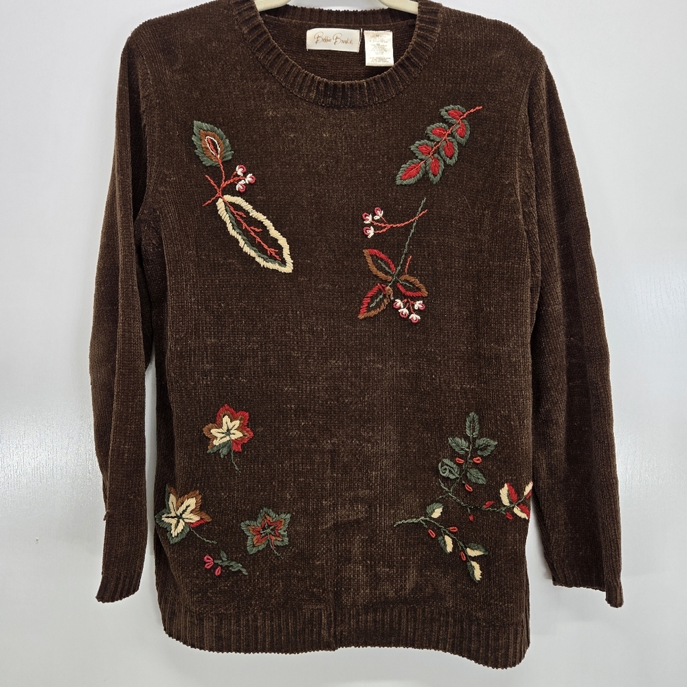 VTG Bobbie Brooks Woodland Brown Floral Embroider‎ Chenille Tunic Sweater Medium